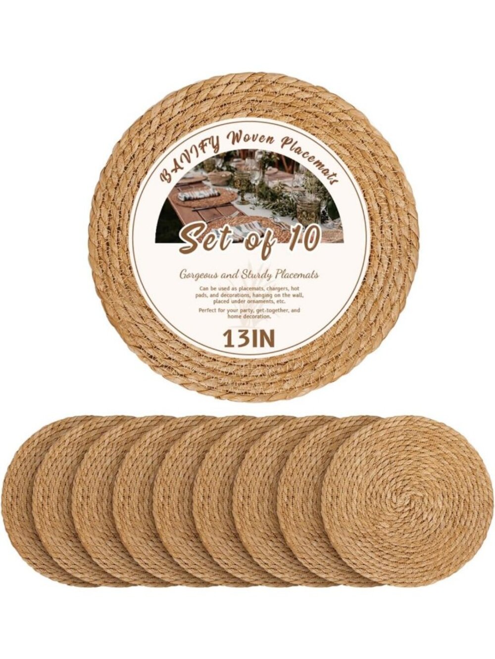 Set of 10 Boho Rustic 13" Woven Placemats | Jute Braided Table Chargers for